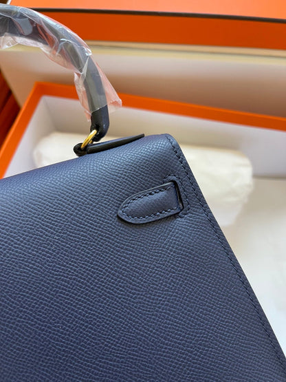 KELLY MINI 20 BAG IN NAVY BLUE CALFSKIN WITH GOLD HARDWARE
