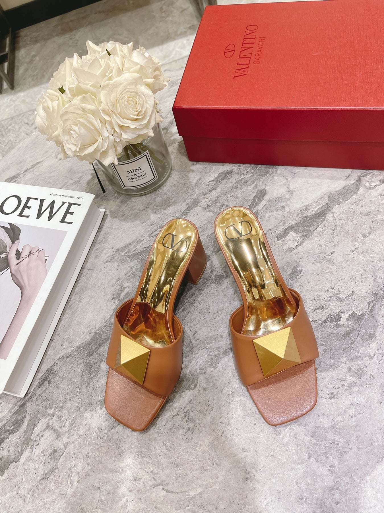 ONE STUD HEELED MULE 60 MM IN BRONZE BROWN CALFSKIN