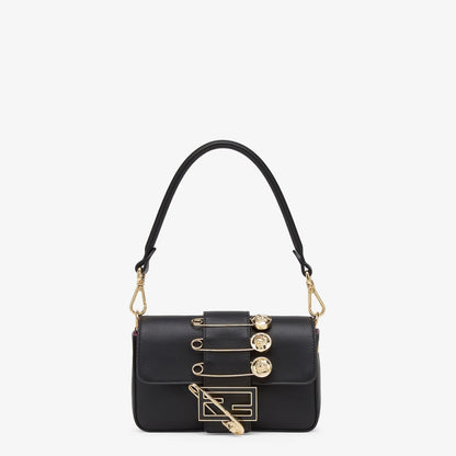 FENDI FENDACE BROOCH MINI 20 BAGUETTE BAG IN BLACK CALFSKIN