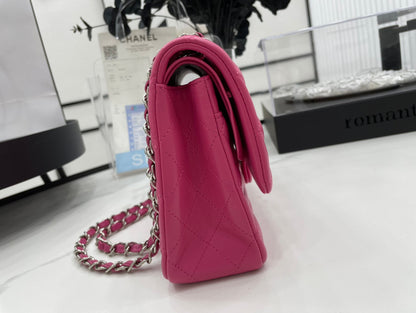 CC 25 CLASSIC SMALL DOUBLE FLAP BAG IN BRIGHT PINK CALFSKIN WITH STRAP