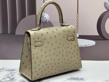 KELLY BAG 20 IN KHAKI TAN OSTRICH LEATHER WITH SILVER HARDWARE