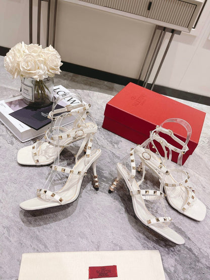 HIGH HEEL 6 CM SANDAL IN WHITE LAMBSKIN WITH STUDS
