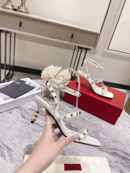 HIGH HEEL 6 CM SANDAL IN WHITE LAMBSKIN WITH STUDS
