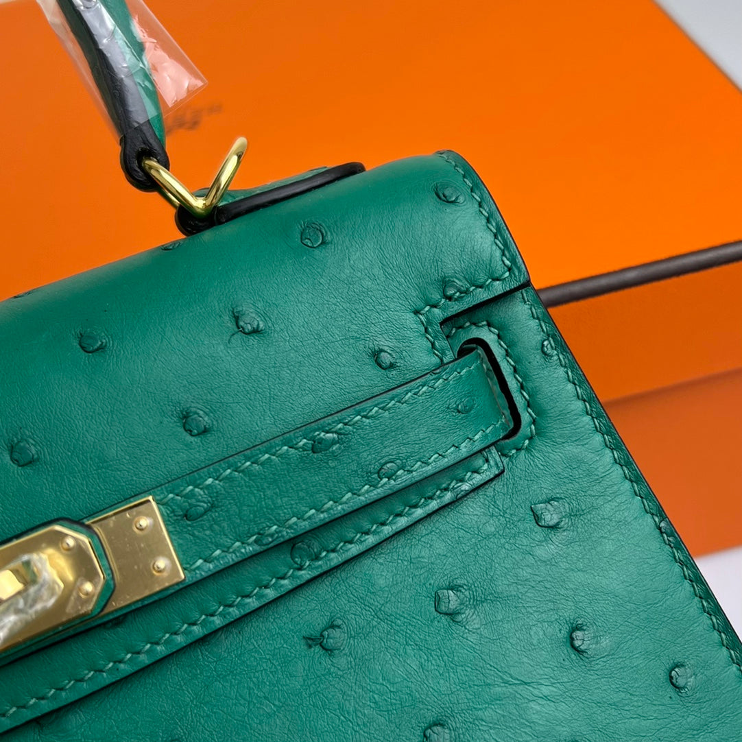 KELLY BAG 20 IN TEAL GREEN OSTRICH LEATHER WITH GOLD HARDWARE