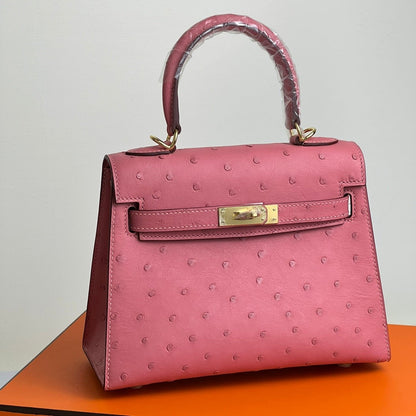 KELLY BAG 20 IN ROUGE PINK OSTRICH LEATHER WITH GOLD HARDWARE