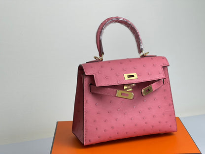 KELLY BAG 20 IN ROUGE PINK OSTRICH LEATHER WITH GOLD HARDWARE
