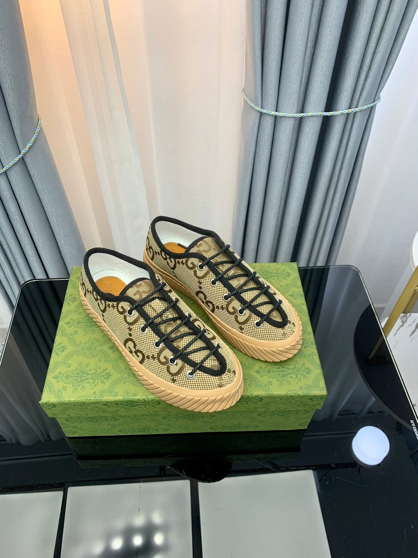 GG UNIQUE SNEAKER THICK-SOLE STRAW COLOR CANVAS
