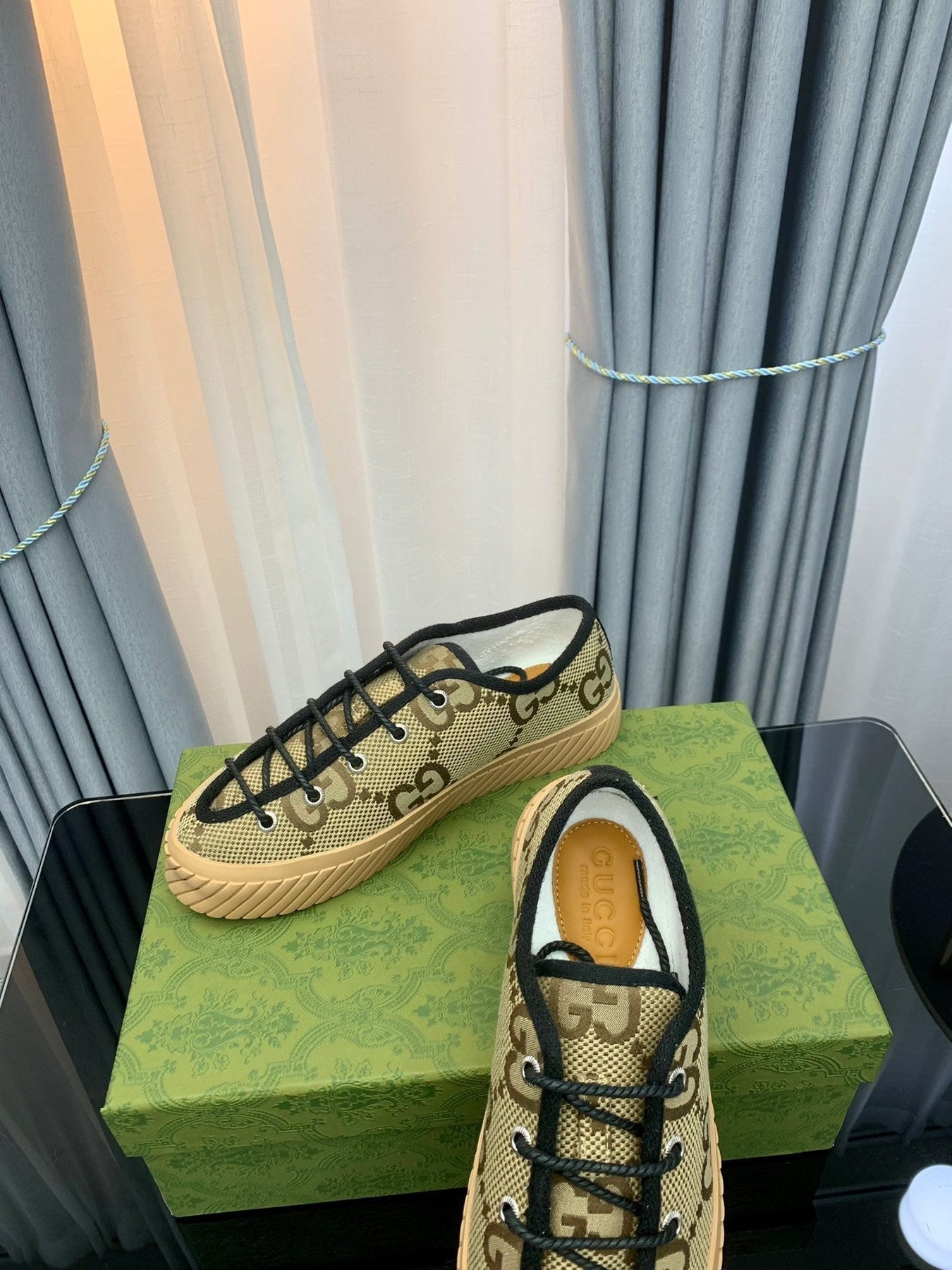 GG UNIQUE SNEAKER THICK-SOLE STRAW COLOR CANVAS