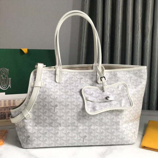 CHIEN GRIS BAG 33 IN WHITE GOYARDINE CANVAS AND TAN CALFSKIN TRIM