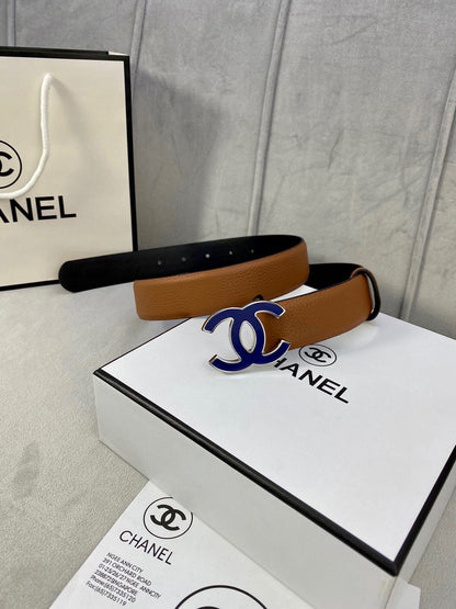 CC 30MM BELT IN BRONZE BROWN GRAINED CALFSKIN WITH NAVY BLUE METAL LOGO