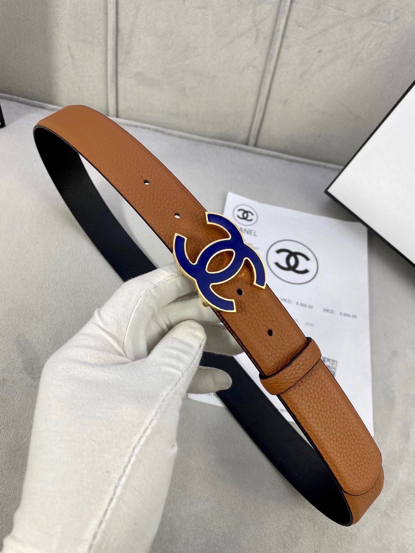 CC 30MM BELT IN BRONZE BROWN GRAINED CALFSKIN WITH NAVY BLUE METAL LOGO