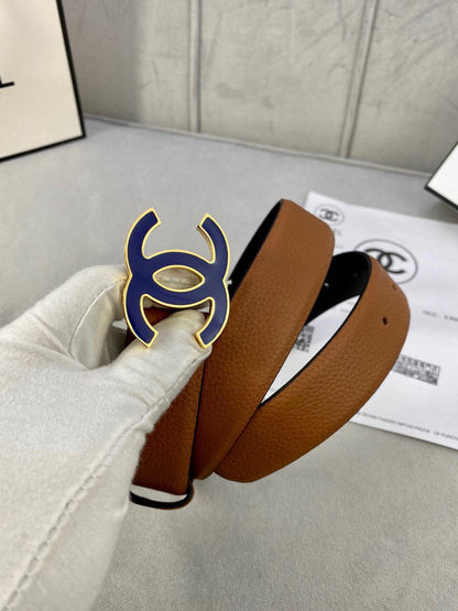 CC 30MM BELT IN BRONZE BROWN GRAINED CALFSKIN WITH NAVY BLUE METAL LOGO