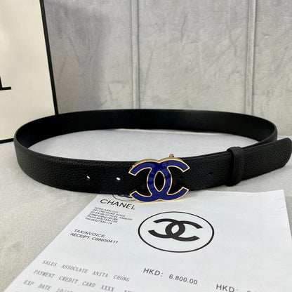 CC 30MM BELT IN BLACK GRAINED CALFSKIN WITH NAVY BLUE METAL LOGO