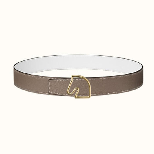 BOUCLE BELT BUCKLE & REVERSIBLE KHAKI BROWN AND WHITE LEATHER STRAP 38MM GOLD HARDWARE