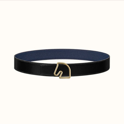 BOUCLE BELT BUCKLE & REVERSIBLE NAVY BLUE AND BLACK AND WHITE LEATHER STRAP 38MM GOLD HARDWARE