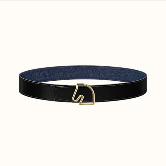 BOUCLE BELT BUCKLE & REVERSIBLE NAVY BLUE AND BLACK AND WHITE LEATHER STRAP 38MM GOLD HARDWARE