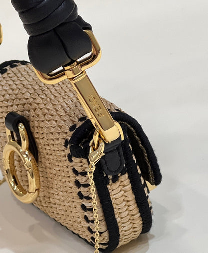 FENDI NANO BAGUETTE 11 BAG IN BEIGE MIX BLACK RAFFIA WITH STRAP GOLD HARDWARE