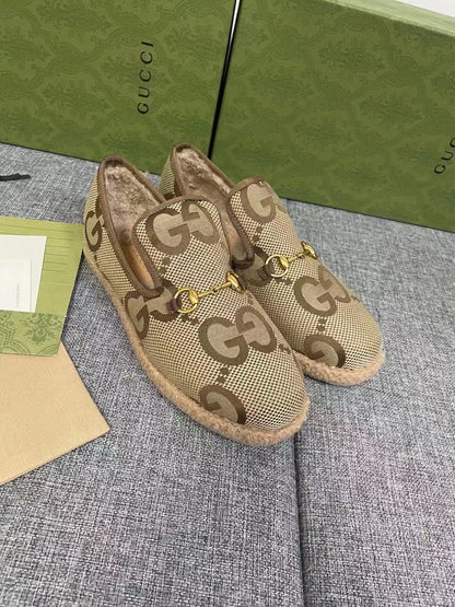 GG HORSEBIT LOAFER IN ECRU BEIGE WOVEN FABRIC AND WOOL MIX LAMB FUR LINING