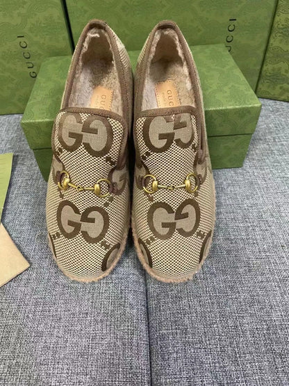 GG HORSEBIT LOAFER IN ECRU BEIGE WOVEN FABRIC AND WOOL MIX LAMB FUR LINING