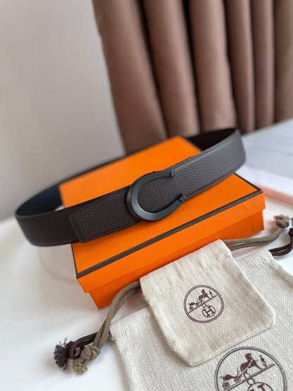 HM LUCK BELT BUCKLE & REVERSIBLE CHOCOLATE BROWN AND BLACK LEATHER STRAP 38MM