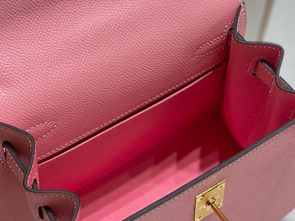 KELLY MINI 20 BAG IN ROUGE PINK CALFSKIN WITH GOLD HARDWARE