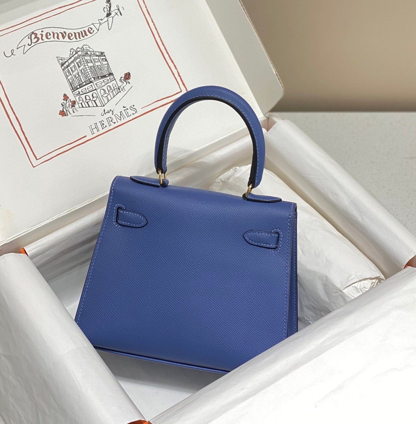 KELLY MINI 20 BAG IN AZURE BLUE CALFSKIN WITH GOLD HARDWARE