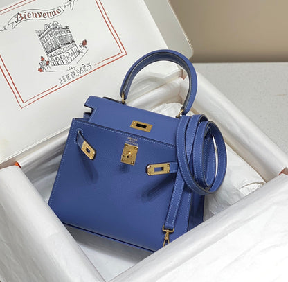 KELLY MINI 20 BAG IN AZURE BLUE CALFSKIN WITH GOLD HARDWARE