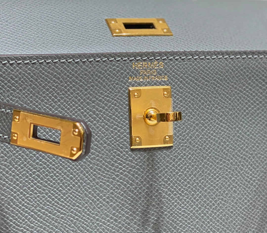 KELLY MINI 20 BAG IN SHARK GRAY CALFSKIN WITH GOLD HARDWARE