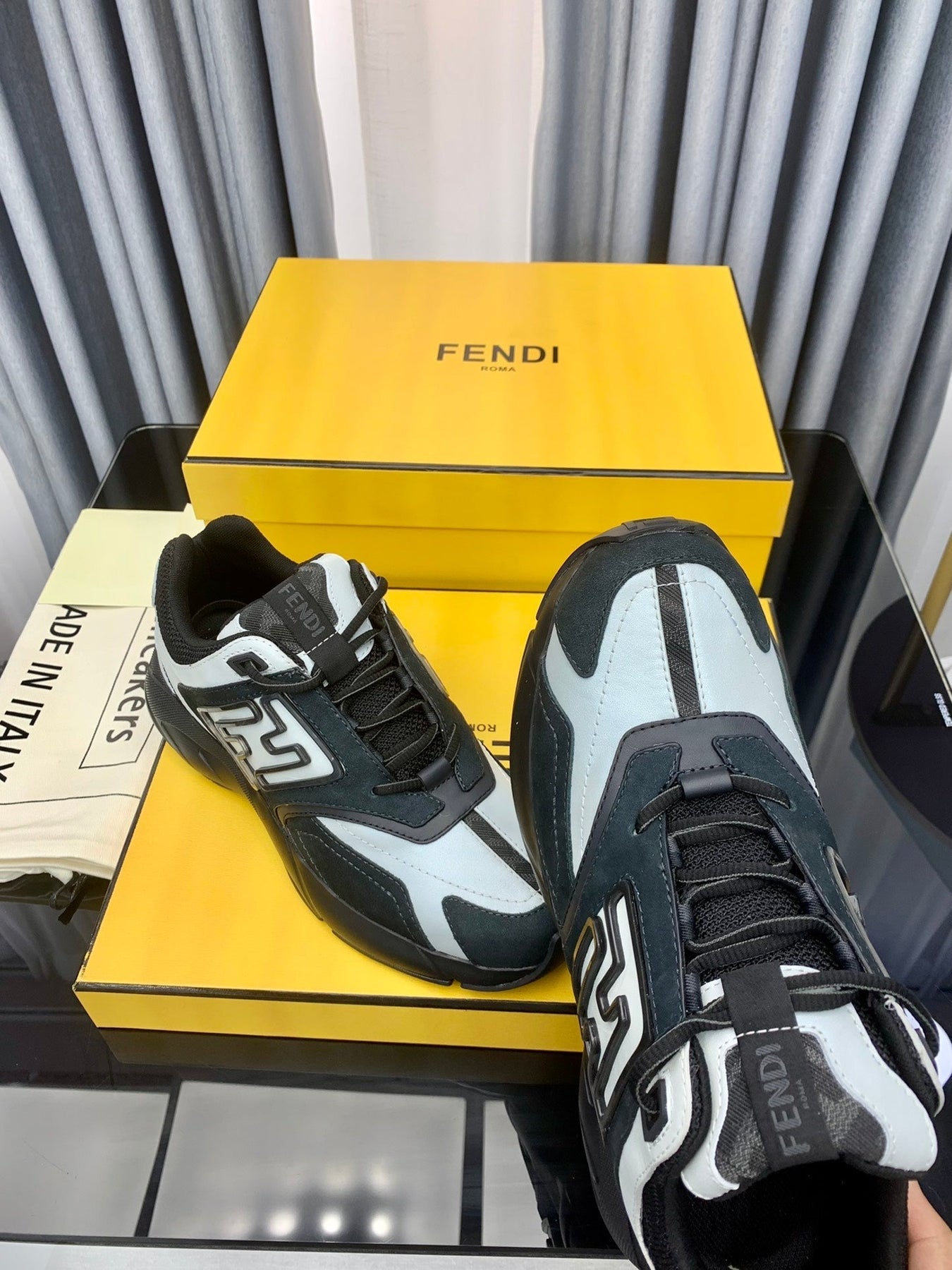 FENDI FASTER TRAINER IN BLACK SUEDE MIX WHITE CALFSKIN