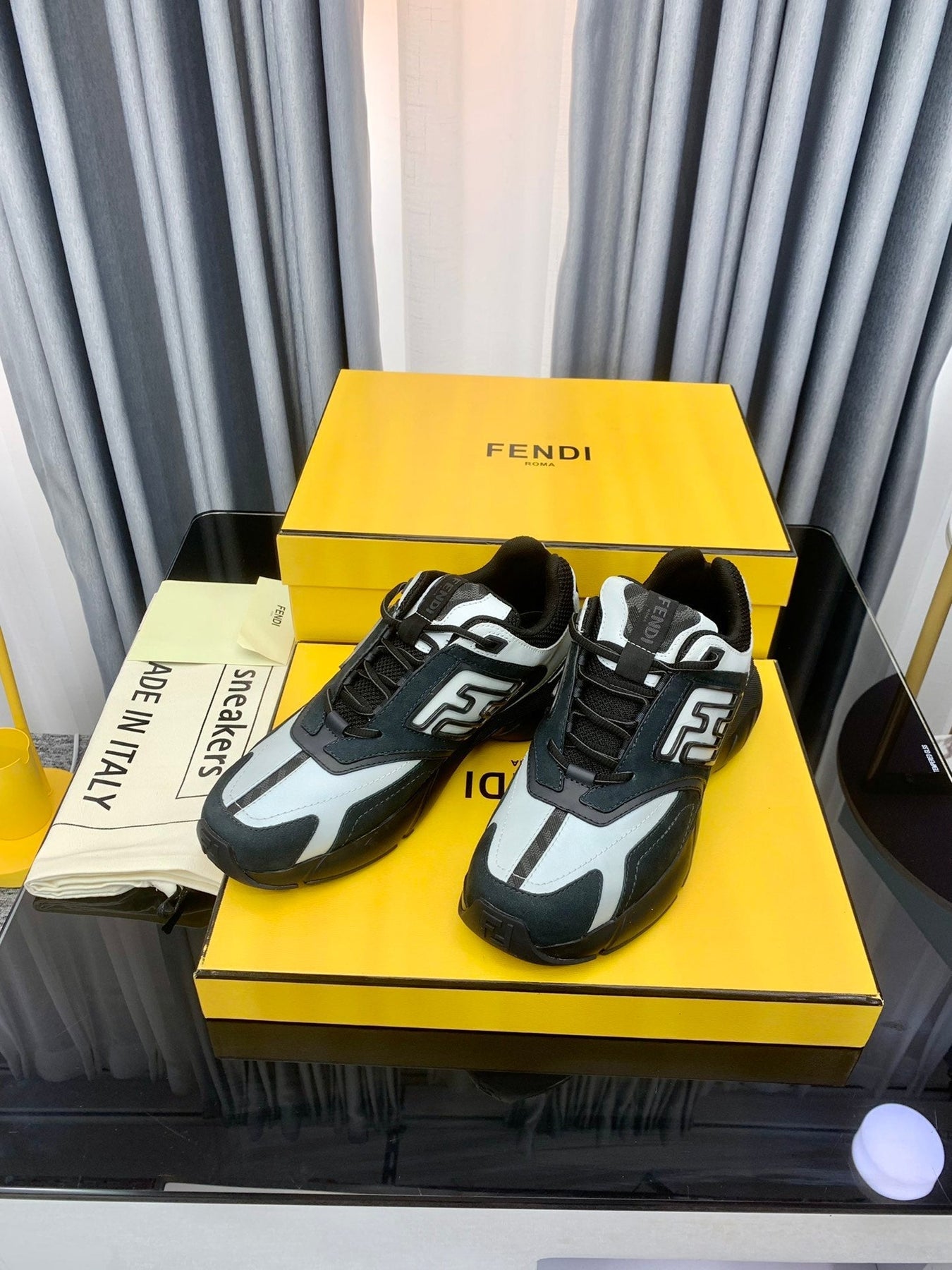 FENDI FASTER TRAINER IN BLACK SUEDE MIX WHITE CALFSKIN