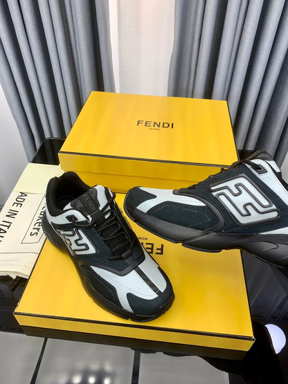 FENDI FASTER TRAINER IN BLACK SUEDE MIX WHITE CALFSKIN