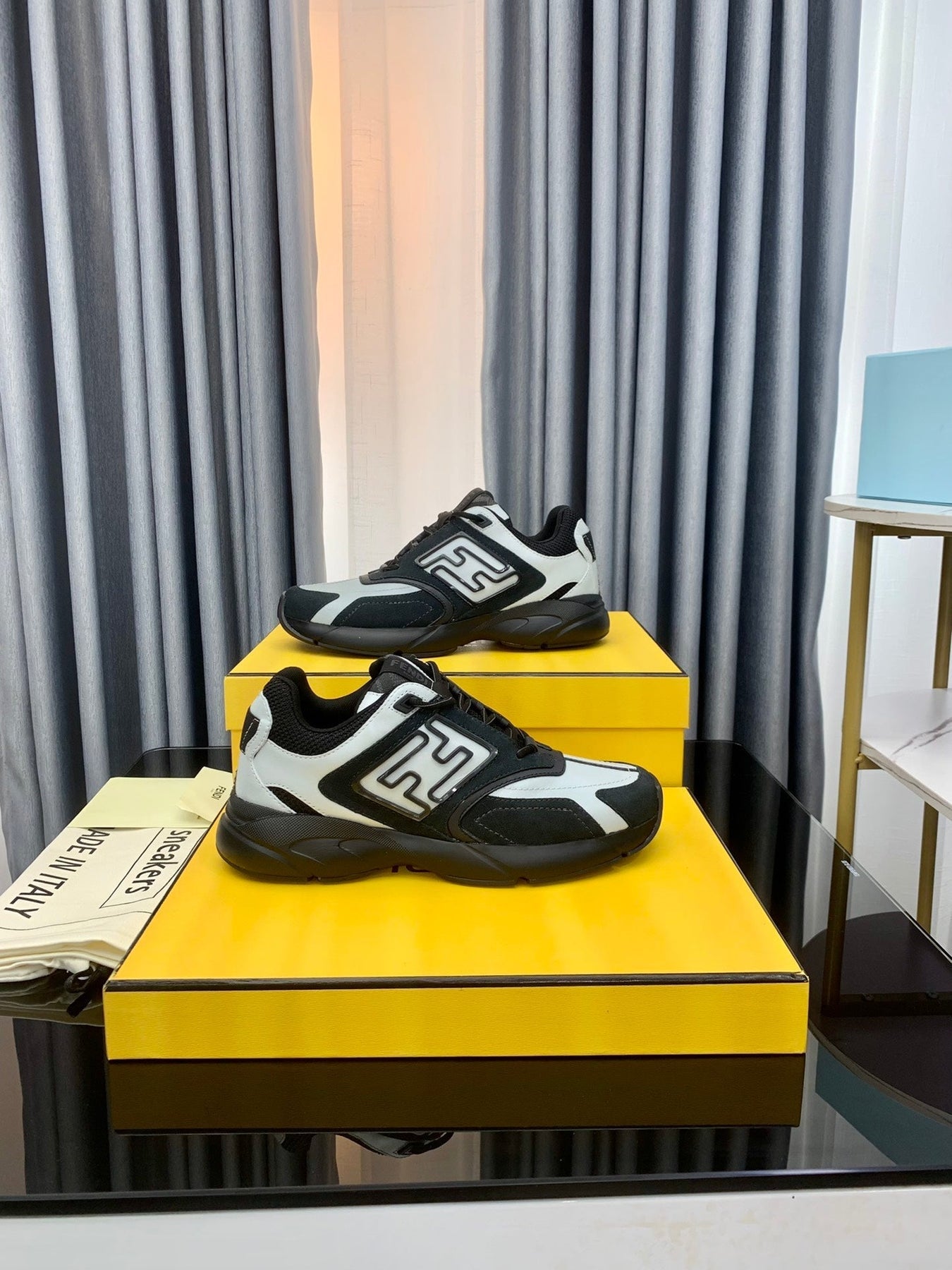 FENDI FASTER TRAINER IN BLACK SUEDE MIX WHITE CALFSKIN