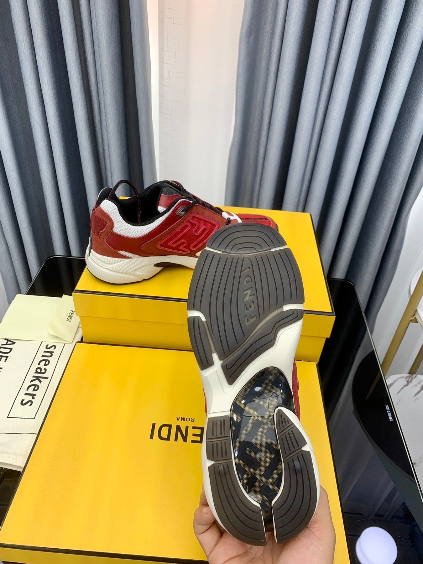 FENDI FASTER TRAINER IN BURGUNDY RED SUEDE AND CALFSKIN