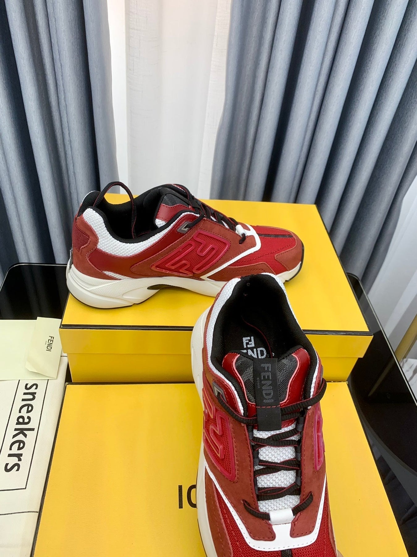 FENDI FASTER TRAINER IN BURGUNDY RED SUEDE AND CALFSKIN
