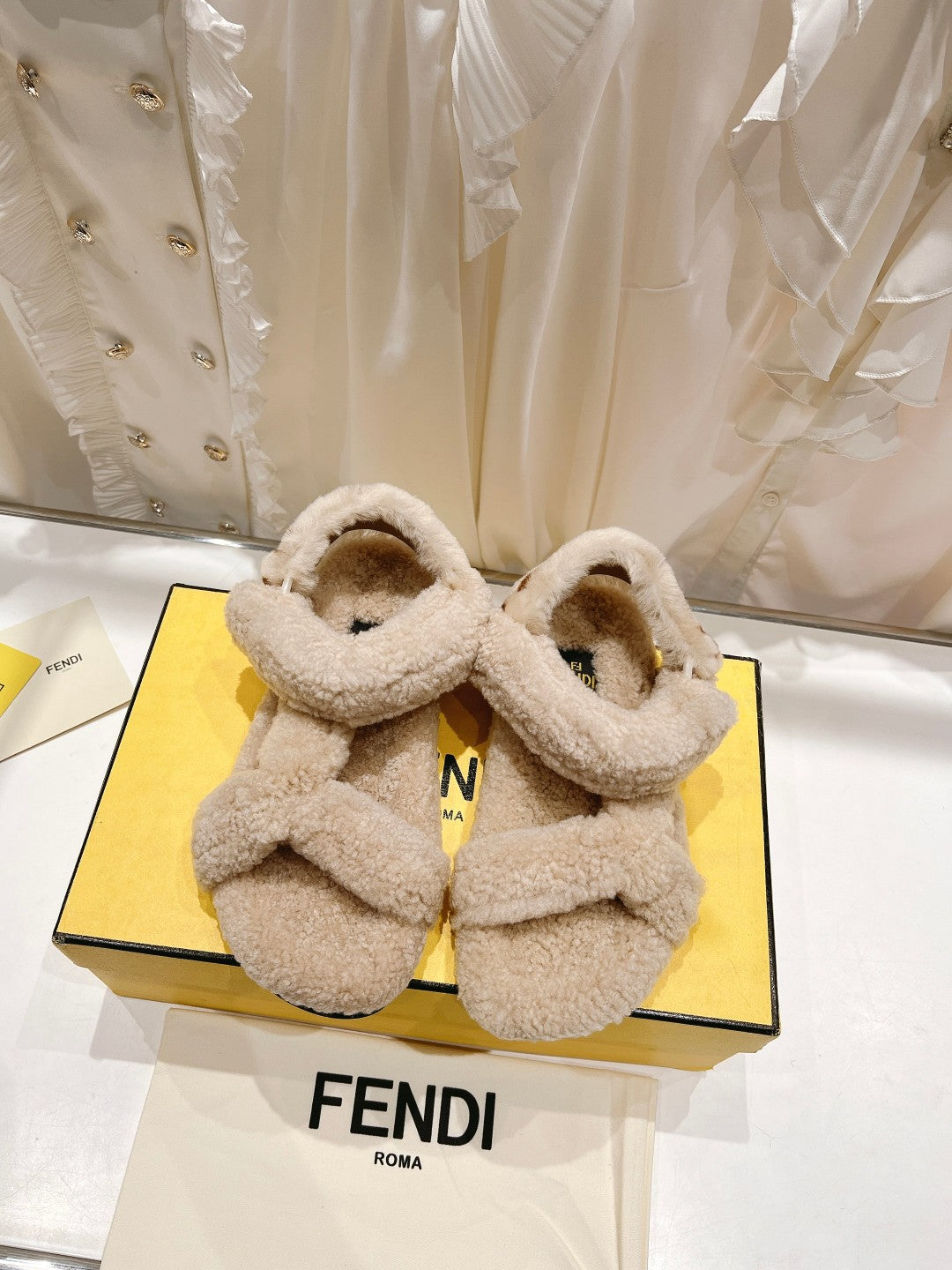 FENDI DAD SANDAL IN HAZELNUT BEIGE FLEECE