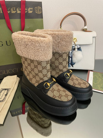 HORSEBIT SNOW ANKLE BOOTS IN ECRU BEIGE MONOGRAM JACQUARD FABRIC MIX BLACK CALFSKIN AND LAMB WOOL LINING