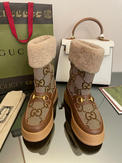 HORSEBIT SNOW ANKLE BOOTS IN ECRU BEIGE MONOGRAM JACQUARD FABRIC MIX BROWN CALFSKIN AND LAMB WOOL LINING