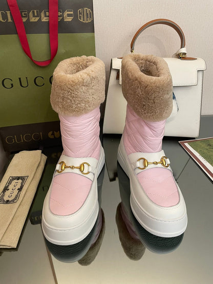 HORSEBIT ANKLE BOOTS WITH MERINO TRIM IN LIGHT PINK NYLON MIX WHITE CALFSKIN