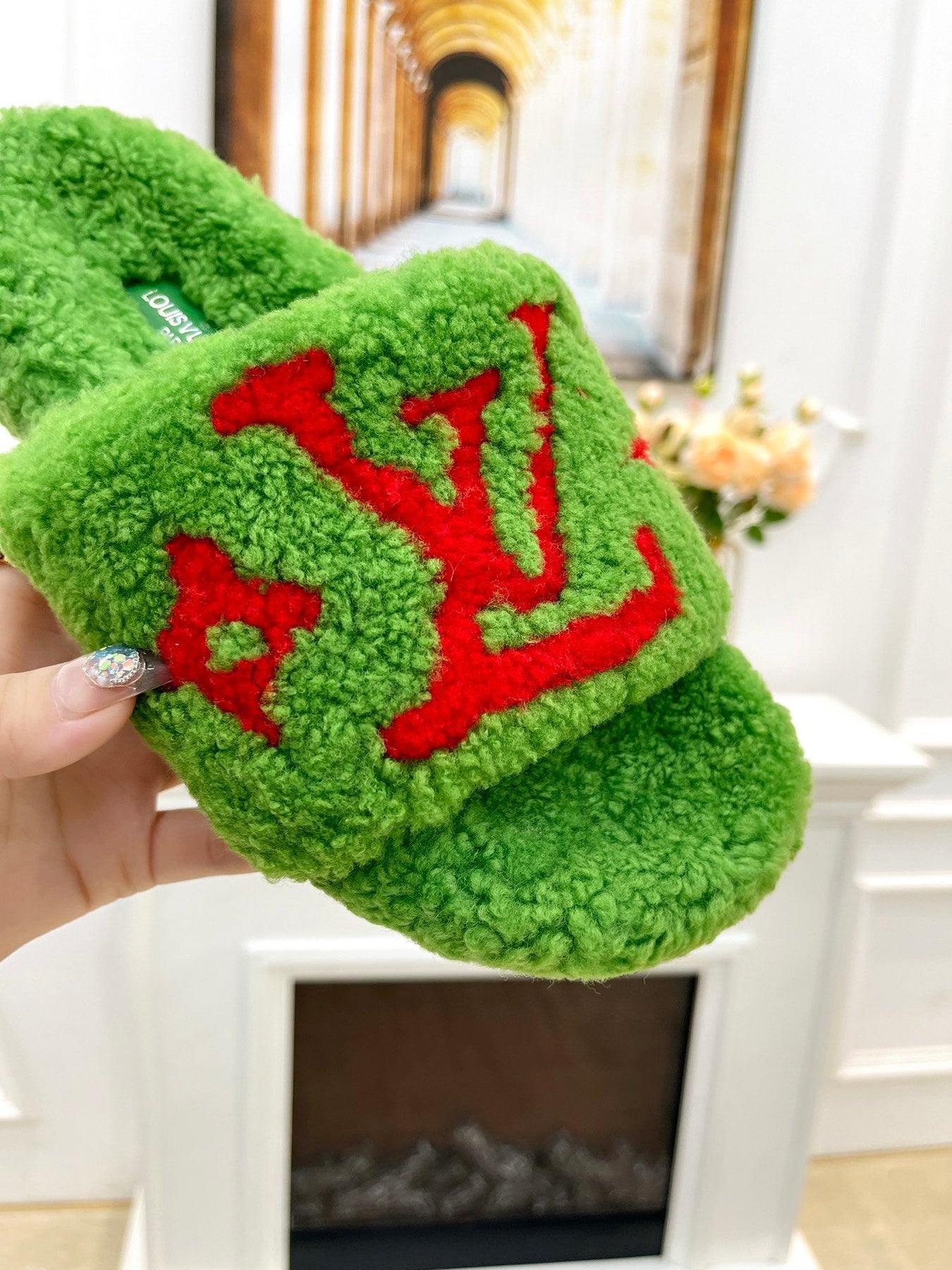 LV FLAT SLIPPER IN LAWN GREEN MIX CHERRY RED SHEARLING
