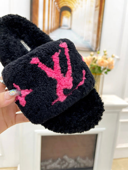 LV FLAT SLIPPER IN BLACK MIX BRIGHT PINK SHEARLING