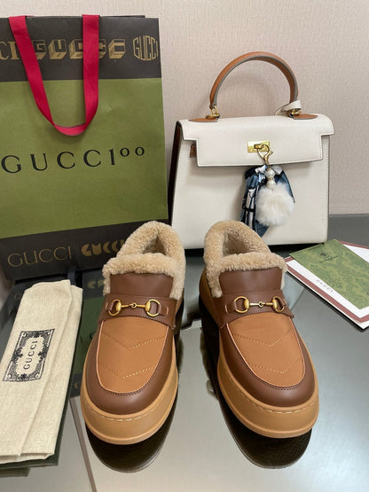 GG LOAFER IN PEANUT BROWN AND CHOCOLATE BROWN CALFSKIN WITH BEIGE WOOL LINING