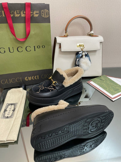 GG LOAFER IN BLACK JACQUARD AND CALFSKIN WITH BEIGE WOOL LINING