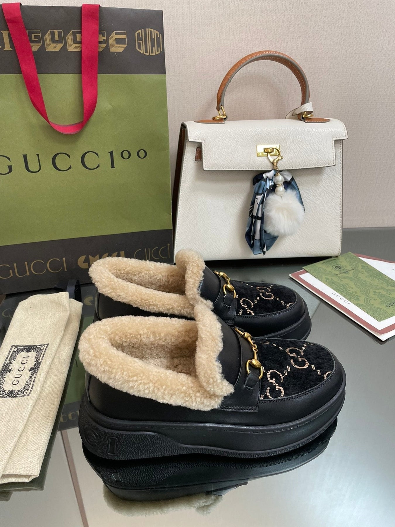 GG LOAFER IN BLACK JACQUARD AND CALFSKIN WITH BEIGE WOOL LINING