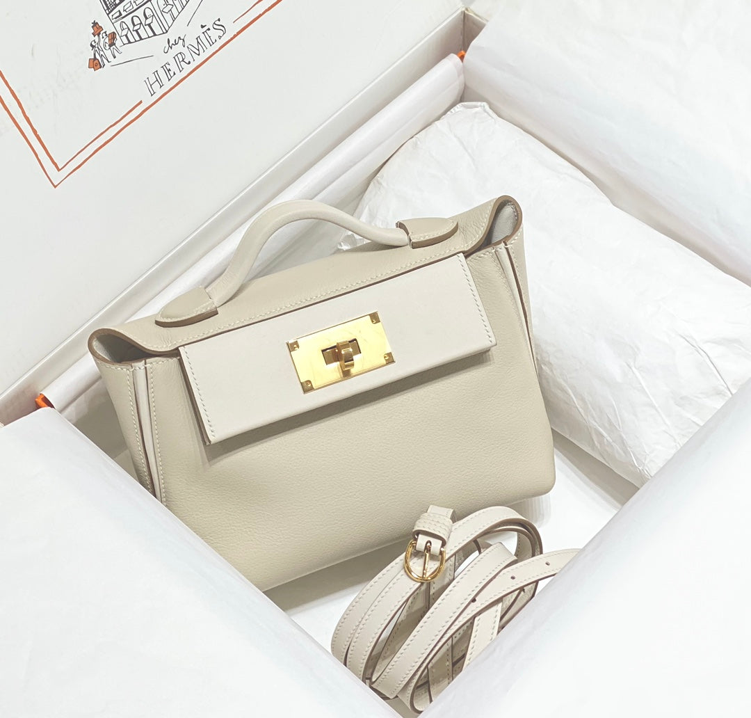 MINI 24/24 21CM IN OFF WHITE EVERCOLOR CALFSKIN GOLD KELLY BUCKLE