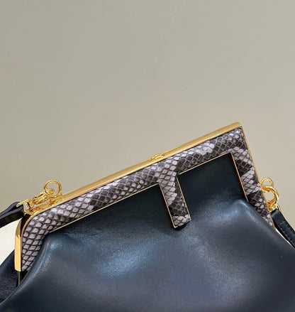 FENDI FIRST SMALL 26 BLACK LEATHER BAG WITH EXOTIC DETAILS