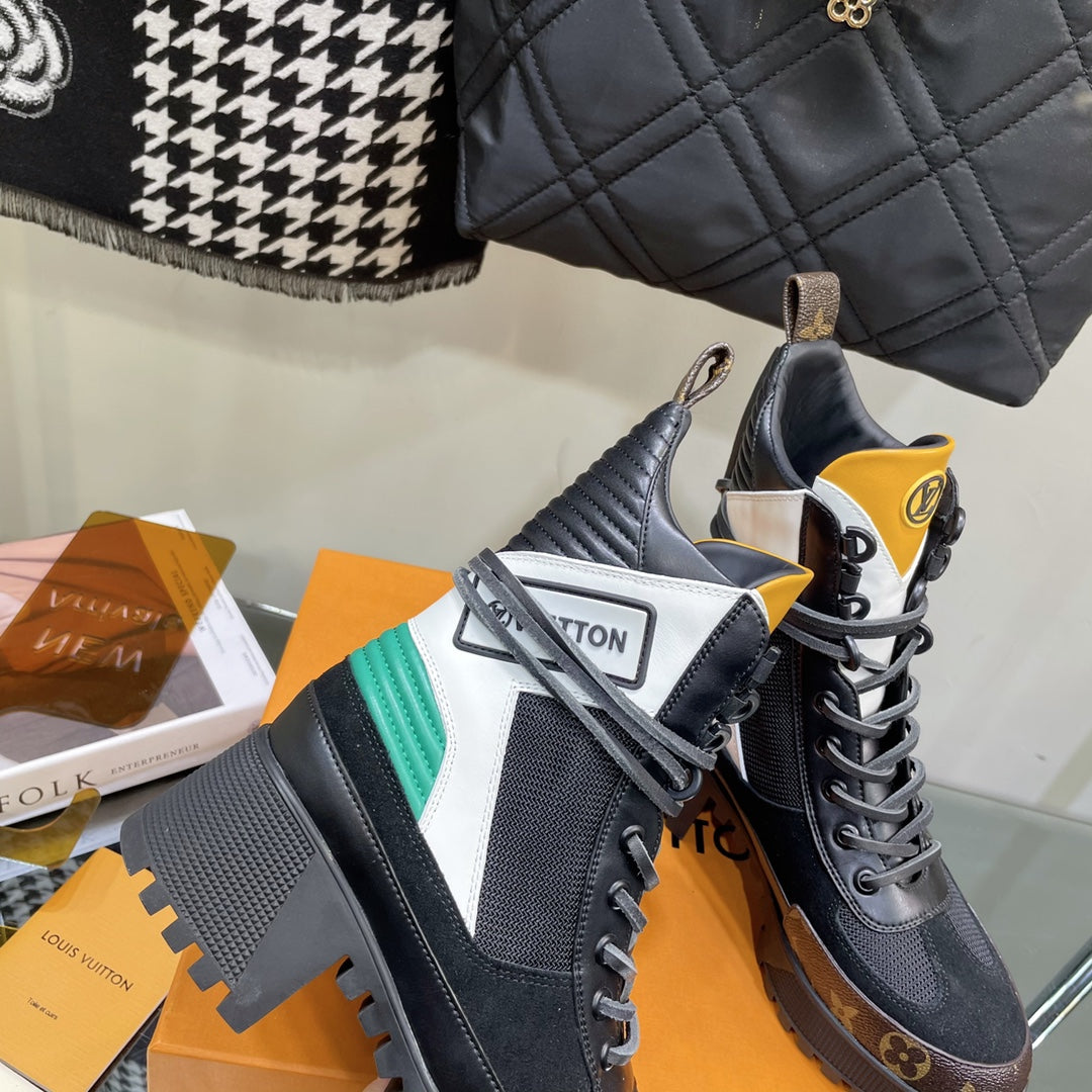 LAUREATE PLATFORM BOOTS IN COLORFUL SUEDE AND MONOGRAM CALFSKIN
