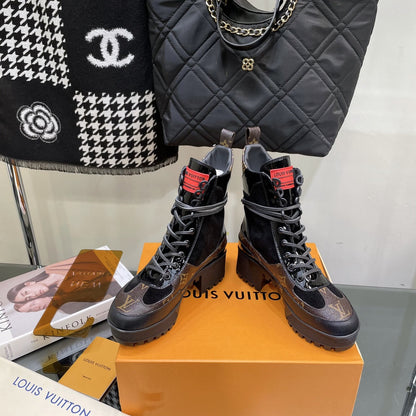 LAUREATE PLATFORM BOOTS IN BLACK SUEDE AND CHOCOLATE BROWN MONOGRAM CALFSKIN