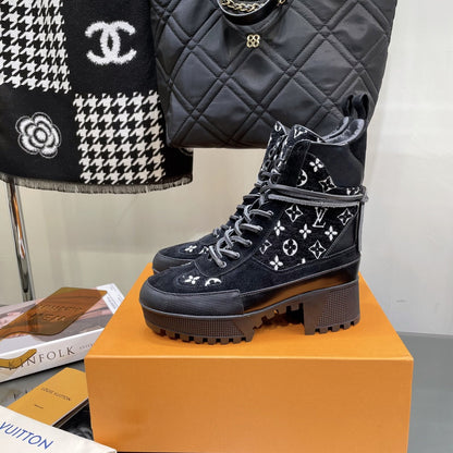LAUREATE PLATFORM BOOTS IN BLACK MIX WHITE SUEDE AND MONOGRAM JACQUARD PATTERN