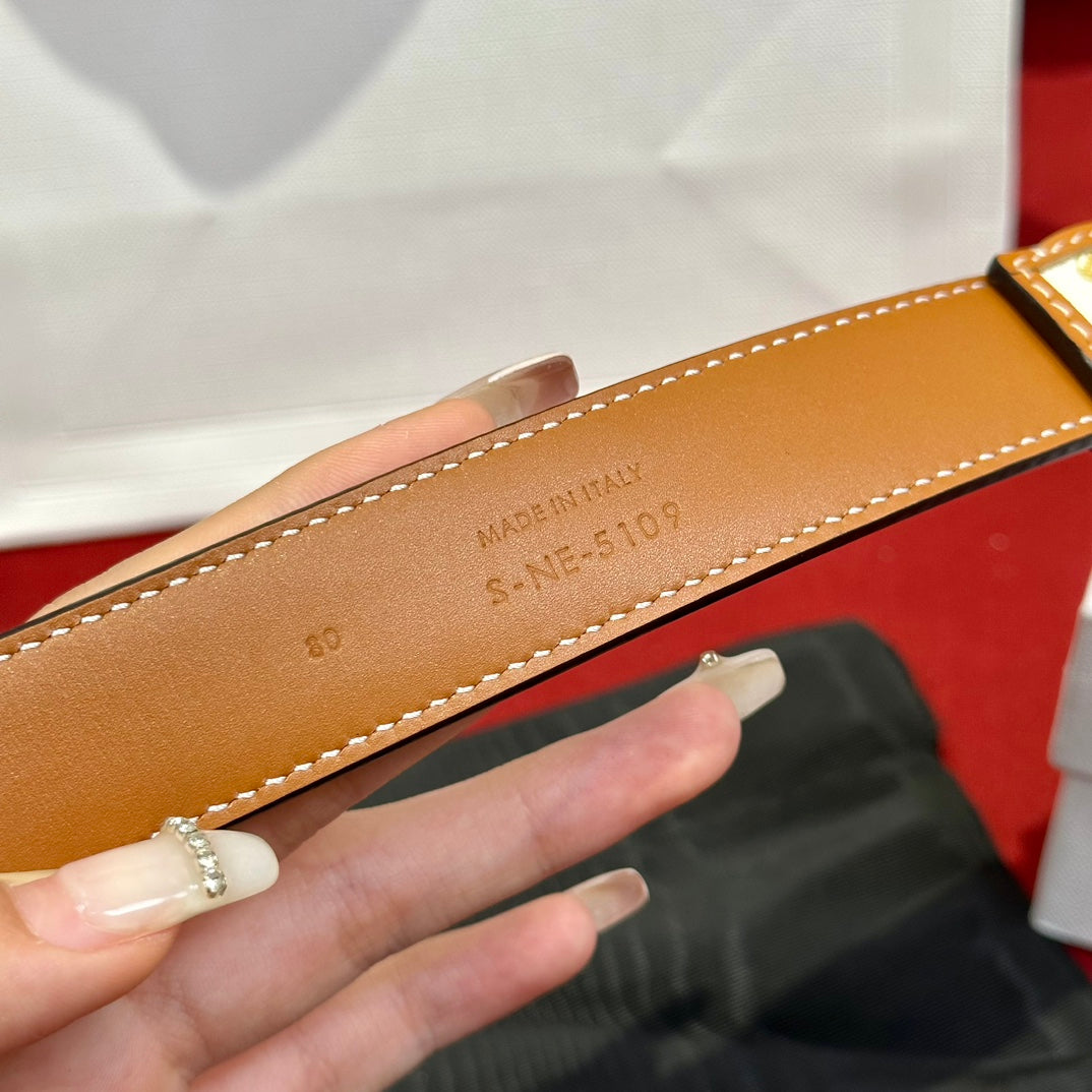 BELT 25MM IN WHITE AND BROWN CALFSKIN WITH LOGO PRINT AND GOLD BUCKLE