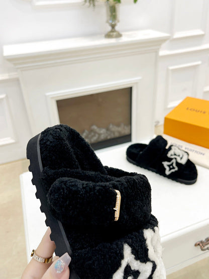 DAD SANDAL MULE IN BLACK MIX WHITE FLEECE